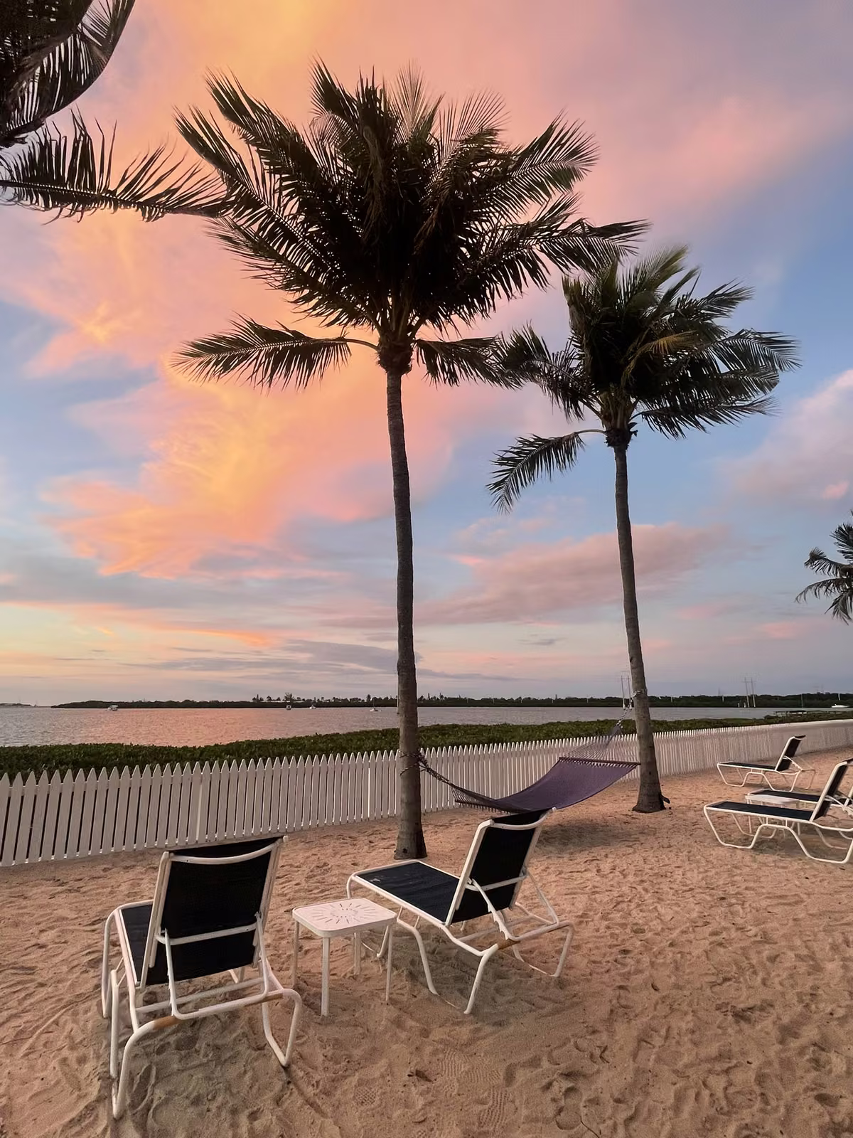 Palmiers et transats face à la mer au coucher du soleil sur la côte ouest de la Floride