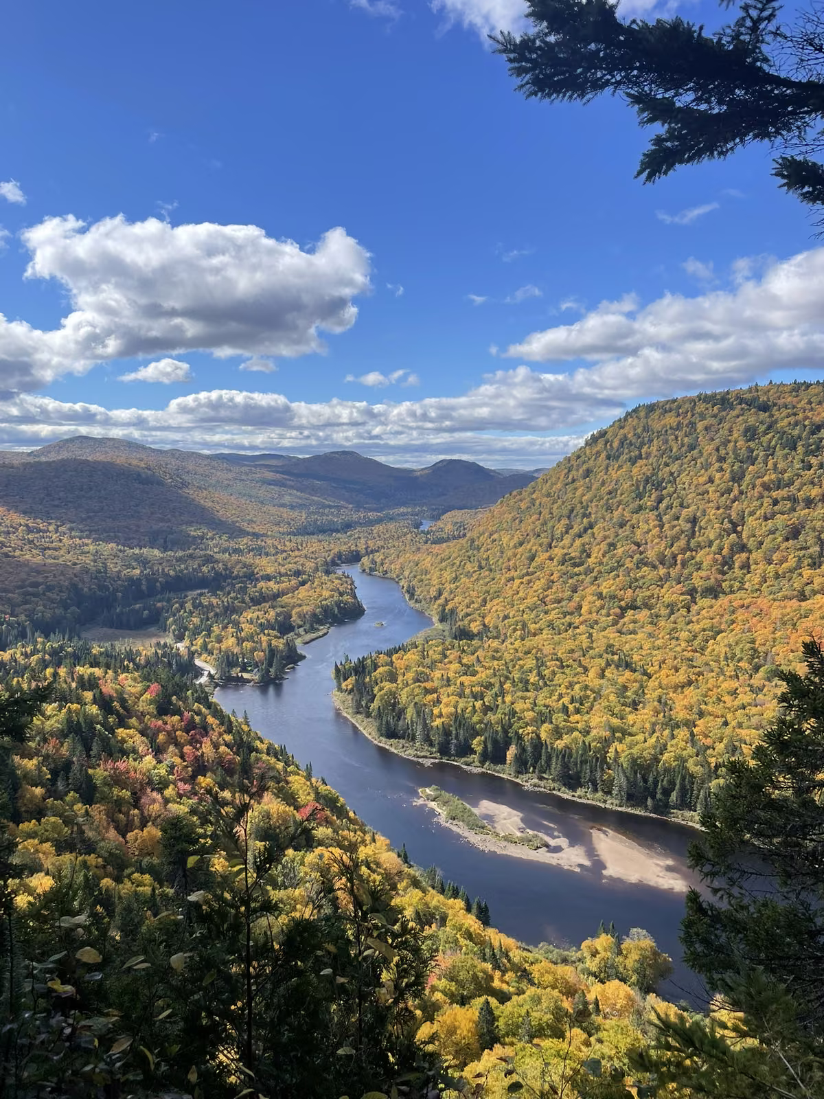 La vallée de la rivière Jacques-Cartier et ses forêts dorées en automne, vue depuis un sentier