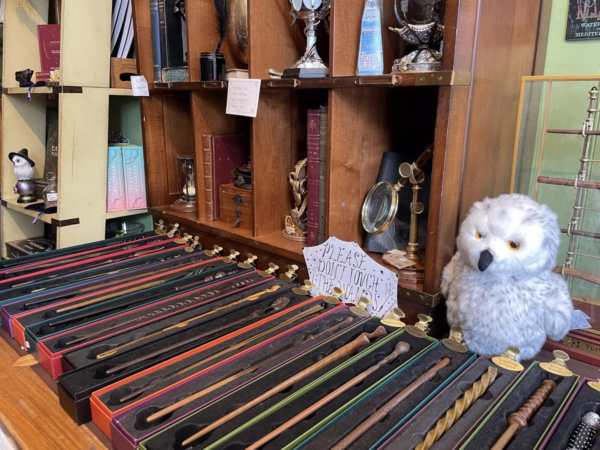 Baguettes magiques et peluche Hedwige dans une boutique Harry Potter à Édimbourg
